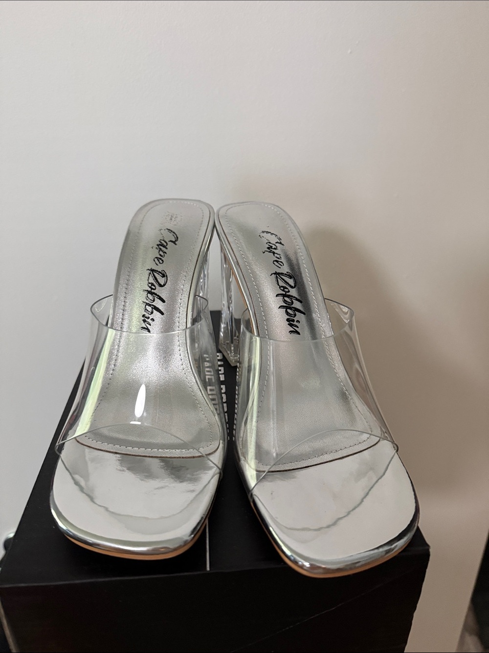 Cape Robbin Clear PVC Block Heel Slide Sandals with Silver Footbed - Picture 2 of 6